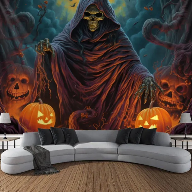 Halloween Decorations Tapestry Jack O Lantern Pumpkin Decor Wall Art Large Hanging Tapestry Mural Decor Photograph Backdrop Blanket Curtain Home Bedroom Living Room Skeleton Death