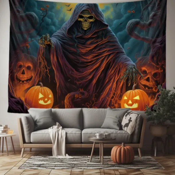 Halloween Decorations Tapestry Jack O Lantern Pumpkin Decor Wall Art Large Hanging Tapestry Mural Decor Photograph Backdrop Blanket Curtain Home Bedroom Living Room Skeleton Death