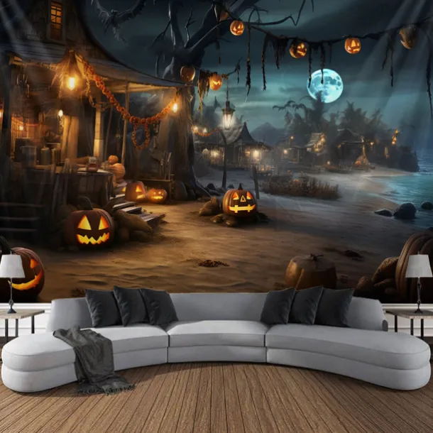Halloween Decorations Tapestry Jack O Lantern Pumpkin Decor Wall Art Large Hanging Tapestry Mural Decor Photograph Backdrop Blanket Curtain Home Bedroom Living Room Bat Beach