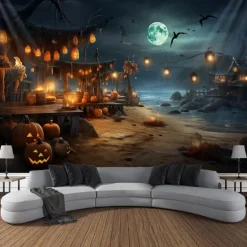 Halloween Decorations Tapestry Jack O Lantern Pumpkin Decor Wall Art Large Hanging Tapestry Mural Decor Photograph Backdrop Blanket Curtain Home Bedroom Living Room Bat Beach