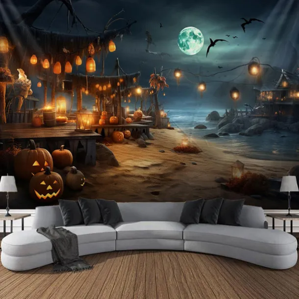 Halloween Decorations Tapestry Jack O Lantern Pumpkin Decor Wall Art Large Hanging Tapestry Mural Decor Photograph Backdrop Blanket Curtain Home Bedroom Living Room Bat Beach