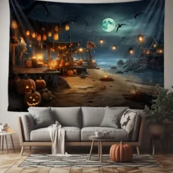 Halloween Decorations Tapestry Jack O Lantern Pumpkin Decor Wall Art Large Hanging Tapestry Mural Decor Photograph Backdrop Blanket Curtain Home Bedroom Living Room Bat Beach