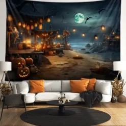 Halloween Decorations Tapestry Jack O Lantern Pumpkin Decor Wall Art Large Hanging Tapestry Mural Decor Photograph Backdrop Blanket Curtain Home Bedroom Living Room Bat Beach