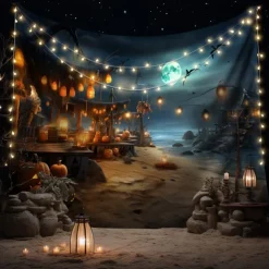 Halloween Decorations Tapestry Jack O Lantern Pumpkin Decor Wall Art Large Hanging Tapestry Mural Decor Photograph Backdrop Blanket Curtain Home Bedroom Living Room Bat Beach