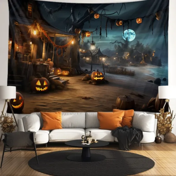 Halloween Decorations Tapestry Jack O Lantern Pumpkin Decor Wall Art Large Hanging Tapestry Mural Decor Photograph Backdrop Blanket Curtain Home Bedroom Living Room Bat Beach