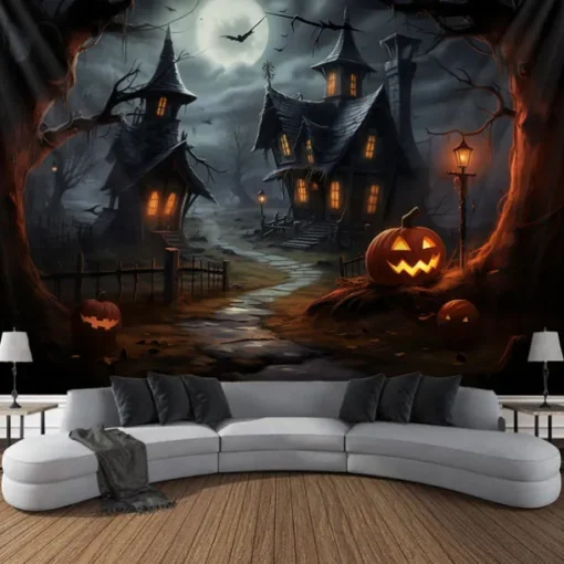 Halloween Decorations Wall Art Large Tapestry Mural Photo Background Blanket Curtains Bedroom Living Room Decoration Horror Pumpkin Monster Graveyard Haunted House