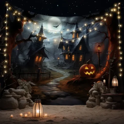 Halloween Decorations Wall Art Large Tapestry Mural Photo Background Blanket Curtains Bedroom Living Room Decoration Horror Pumpkin Monster Graveyard Haunted House