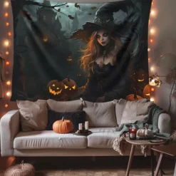 Halloween Decorations Witch Hanging Tapestry Wall Art Large Tapestry Mural Decor Photograph Backdrop Blanket Curtain Home Bedroom Living Room Decoration