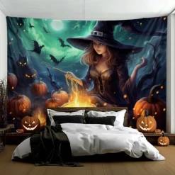 Halloween Decorations Witch Hanging Tapestry Wall Art Large Tapestry Mural Decor Photograph Backdrop Blanket Curtain Home Bedroom Living Room Decoration