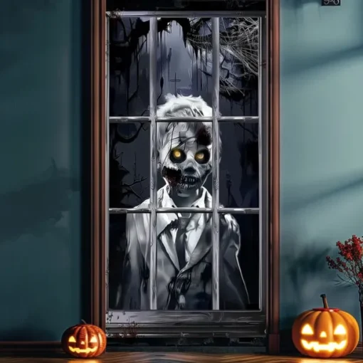 Halloween Door Cover – Creepy Zombie Man at Window, Haunted House Entrance Banner, Scary Outdoor & Indoor 2025 Halloween Decoration for Bedroom, Living Room, Bathroom