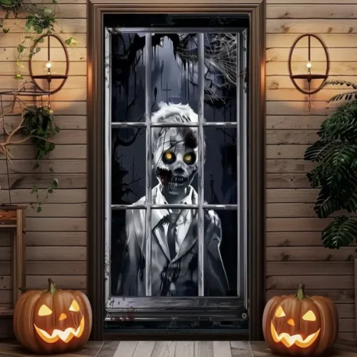 Halloween Door Cover – Creepy Zombie Man at Window, Haunted House Entrance Banner, Scary Outdoor & Indoor 2025 Halloween Decoration for Bedroom, Living Room, Bathroom
