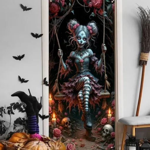 Halloween Door Cover – Creepy Porcelain Doll in Blue Dress, Haunted House Entrance Banner, Scary Outdoor & Indoor Decoration for 2025 Halloween Bedroom, Living Room, Bathroom