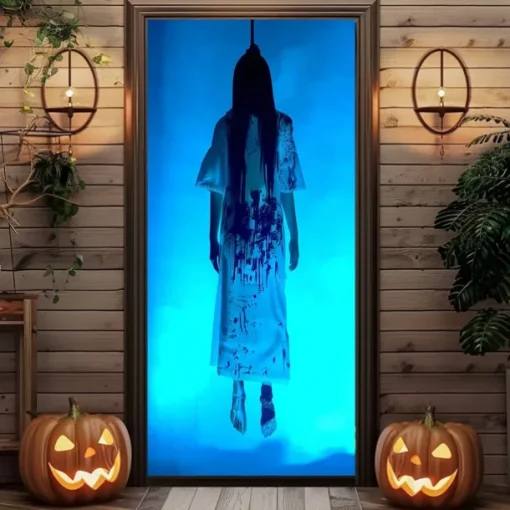 Halloween Door Cover – Creepy Ghost Girl Behind Glass Door, Haunted House Entrance Banner, Horror Outdoor 2025 Halloween Decoration for Bedroom, Living Room, Bathroom