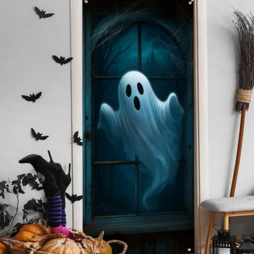 Halloween Door Cover – Cute Ghost and Black Cat in Blue Night Scene, Haunted House Entrance Banner, Spooky Outdoor & Indoor 2025 Halloween Decoration for Bedroom, Living Room, Bathroom