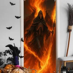 Halloween Door Cover – Fiery Skeleton in Flames, Haunted House Entrance Banner, Scary Outdoor & Indoor Decoration for 2025 Halloween Bedroom, Living Room, Bathroom