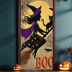 Halloween Door Cover – Flying Witch Silhouette with BOO Sign, Haunted House Entrance Banner, Scary Outdoor & Indoor Decoration for 2025 Halloween Bedroom, Living Room, Bathroom