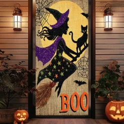 Halloween Door Cover – Flying Witch Silhouette with BOO Sign, Haunted House Entrance Banner, Scary Outdoor & Indoor Decoration for 2025 Halloween Bedroom, Living Room, Bathroom