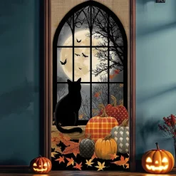 Halloween Door Cover – Flying Witch Silhouette with BOO Sign, Haunted House Entrance Banner, Scary Outdoor & Indoor Decoration for 2025 Halloween Bedroom, Living Room, Bathroom