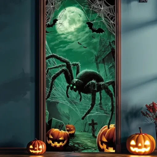Halloween Door Cover – Giant Green Spider in Haunted Forest, Creepy Entrance Banner, Outdoor & Indoor Decoration for 2025 Halloween Bedroom, Living Room, Bathroom