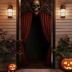 Halloween Door Cover – Glowing Golden Corridor to Haunted House, Spooky Entrance Banner, Creepy Outdoor 2025 Halloween Decoration for Bedroom, Living Room, Bathroom