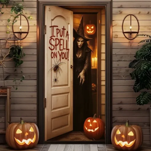 Halloween Door Cover – "I Put a Spell on You" Creepy Door Scene, Haunted House Entrance Banner, Scary Outdoor & Indoor Decoration for 2025 Halloween Bedroom, Living Room, Bathroom