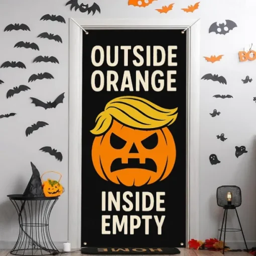 Halloween Door Cover – Pumpkin Face "Outside Orange Inside Empty" Design, Haunted House Entrance Banner, Scary Outdoor & Indoor Decoration for 2025 Halloween Bedroom, Living Room, Bathroom