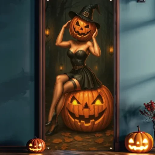 Halloween Door Cover – Pumpkin Head Woman with Jack-o'-Lanterns, Haunted House Entrance Banner, Scary Outdoor & Indoor Decoration for 2025 Halloween Bedroom, Living Room, Bathroom