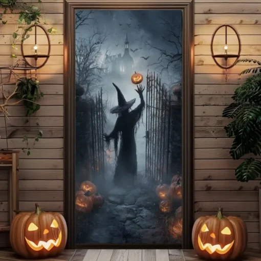 Halloween Door Cover – Silhouette of Witch in Fiery Portal, Haunted House Entrance Banner, Scary Outdoor 2025 Halloween Decoration for Bedroom, Living Room, Bathroom