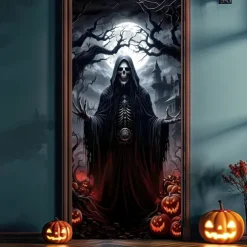 Halloween Door Cover – Skeleton Grim Reaper in Flames, Haunted House Entrance Banner, Horror Outdoor 2025 Halloween Decoration for Bedroom, Living Room, Bathroom