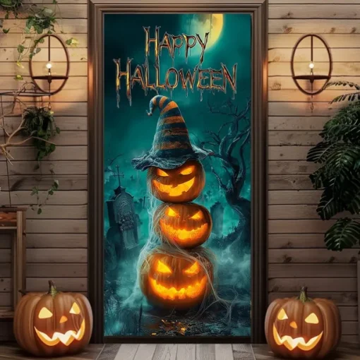 Halloween Door Cover – Stacked Pumpkins with Witch Hat and "Happy Halloween" Sign, Haunted House Entrance Banner, Outdoor 2025 Halloween Decoration for Bedroom, Living Room, Bathroom