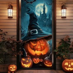 Halloween Door Cover – Stacked Pumpkins with Witch Hat and 