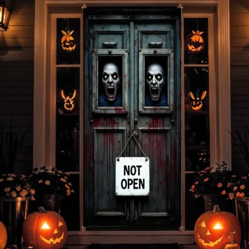 Halloween Door Cover Front Door Curtain Decoration, Halloween Broomstick Bats Flying Jagged Bottom Display