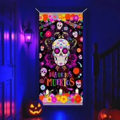 Halloween Door Cover Neon Sugar Skull Día de los Muertos Banner, Glowing Blacklight Entrance Decoration for Outdoor & Indoor 2025 Halloween Bedroom, Living Room, Bathroom