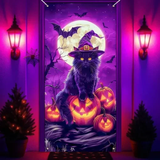 Halloween Door Cover Neon Scarecrow with Pumpkins Banner, Glowing Blacklight Entrance Decoration for Outdoor & Indoor 2025 Halloween Bedroom, Living Room, Bathroom