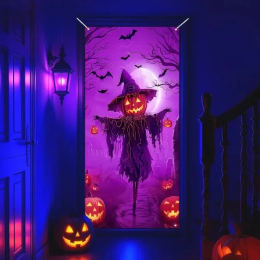 Halloween Door Cover Neon Pumpkin Face through Window Banner, Glowing Blacklight Entrance Decoration for Outdoor & Indoor 2025 Halloween Bedroom, Living Room, Bathroom