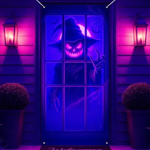 Halloween Door Cover Neon Pumpkin Face through Window Banner, Glowing Blacklight Entrance Decoration for Outdoor & Indoor 2025 Halloween Bedroom, Living Room, Bathroom