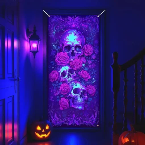 Halloween Door Cover Neon Skull and Roses Banner, Glowing Blacklight Entrance Decoration for Outdoor & Indoor 2025 Halloween Bedroom, Living Room, Bathroom