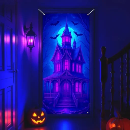 Halloween Door Cover Neon Haunted House with Full Moon Banner, Glowing Blacklight Entrance Decoration for Outdoor & Indoor 2025 Halloween Bedroom, Living Room, Bathroom