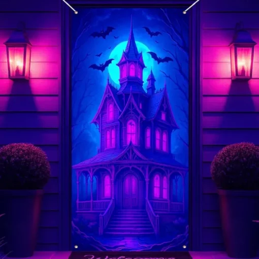 Halloween Door Cover Neon Haunted House with Full Moon Banner, Glowing Blacklight Entrance Decoration for Outdoor & Indoor 2025 Halloween Bedroom, Living Room, Bathroom
