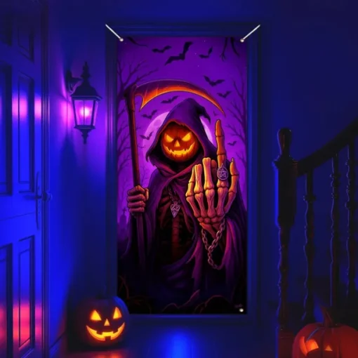 Halloween Door Cover Neon Pumpkin Head Grim Reaper Banner, Glowing Blacklight Entrance Decoration for Outdoor & Indoor 2025 Halloween Bedroom, Living Room, Bathroom