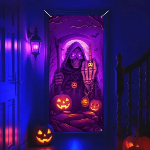 Halloween Door Cover Neon Pumpkin Head Grim Reaper Banner, Glowing Blacklight Entrance Decoration for Outdoor & Indoor 2025 Halloween Bedroom, Living Room, Bathroom