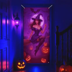 Halloween Door Cover Neon Witch Casting Spells Banner, Glowing Blacklight Entrance Decoration for Outdoor & Indoor 2025 Halloween Bedroom, Living Room, Bathroom