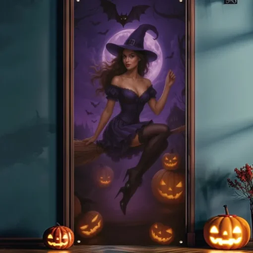 Halloween Door Cover Neon Witch Casting Spells Banner, Glowing Blacklight Entrance Decoration for Outdoor & Indoor 2025 Halloween Bedroom, Living Room, Bathroom