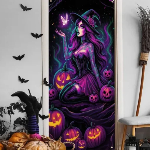 Halloween Door Cover Neon Witch Casting Spells Banner, Glowing Blacklight Entrance Decoration for Outdoor & Indoor 2025 Halloween Bedroom, Living Room, Bathroom