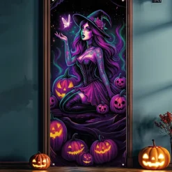 Halloween Door Cover Neon Witch Casting Spells Banner, Glowing Blacklight Entrance Decoration for Outdoor & Indoor 2025 Halloween Bedroom, Living Room, Bathroom