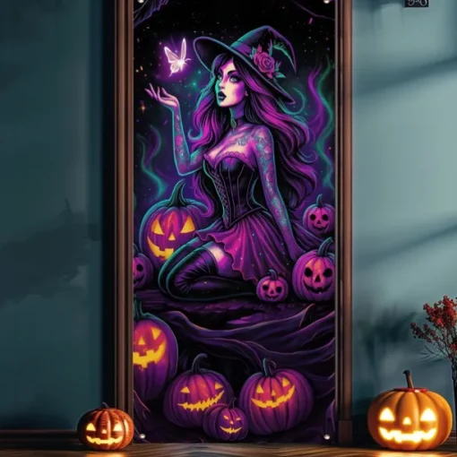 Halloween Door Cover Neon Witch Casting Spells Banner, Glowing Blacklight Entrance Decoration for Outdoor & Indoor 2025 Halloween Bedroom, Living Room, Bathroom