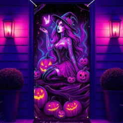 Halloween Door Cover Neon Witch Casting Spells Banner, Glowing Blacklight Entrance Decoration for Outdoor & Indoor 2025 Halloween Bedroom, Living Room, Bathroom