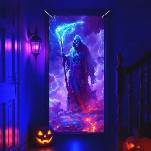 Halloween Door Cover Neon Grim Reaper with Lantern Banner, Glowing Blacklight Entrance Decoration for Outdoor & Indoor 2025 Halloween Bedroom, Living Room, Bathroom