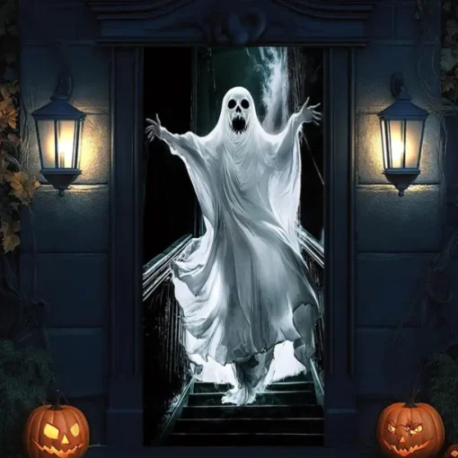 Halloween Door Cover Outdoor Banners Ghost Boo Psychedelic Dark Punk Gothic Style Party Outdoor Shooting Backgrounds Front Door Wall Porch Decorations Wall Door Background