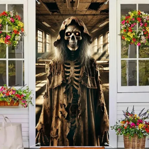 Halloween Door Cover Outdoor Banners Skeleton Witch Psychedelic Dark Punk Gothic Style Party Outdoor Shooting Backgrounds Front Door Wall Porch Decorations Wall Door Background
